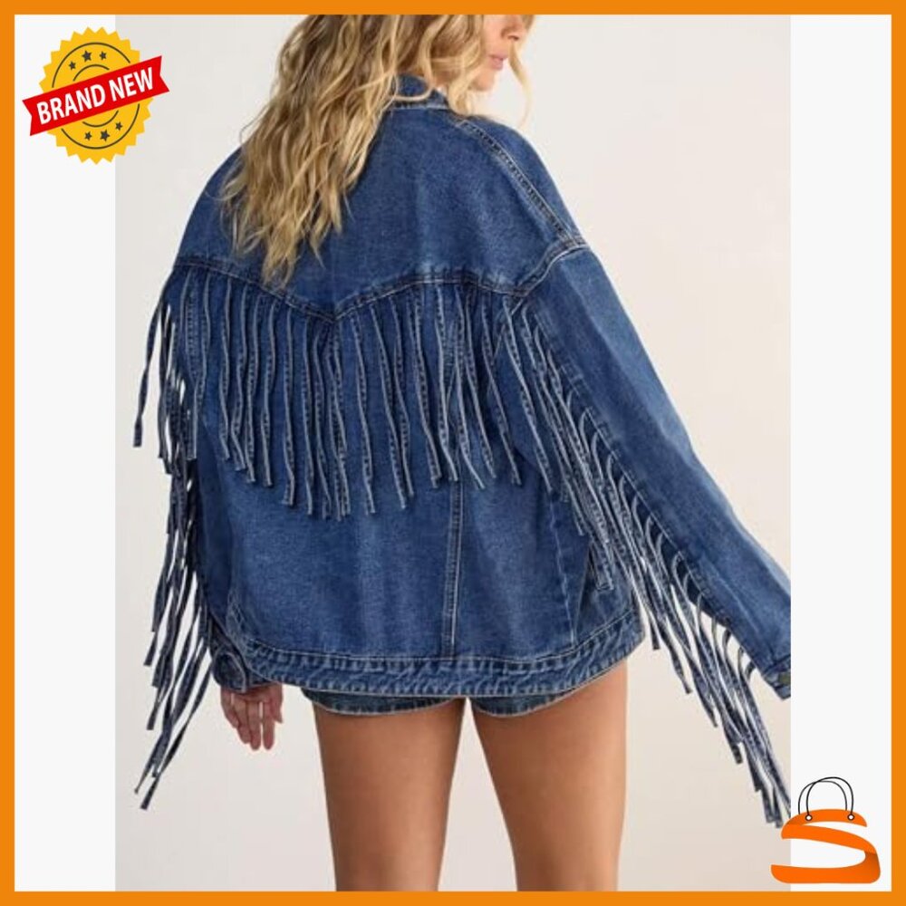 Oversized Denim Jacket with Fringe Tassels, Loose Fit, Button Front - Picture 2 of 7